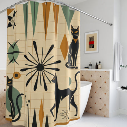 Playful and artistic bathroom curtain with atomic starbursts and black cats.