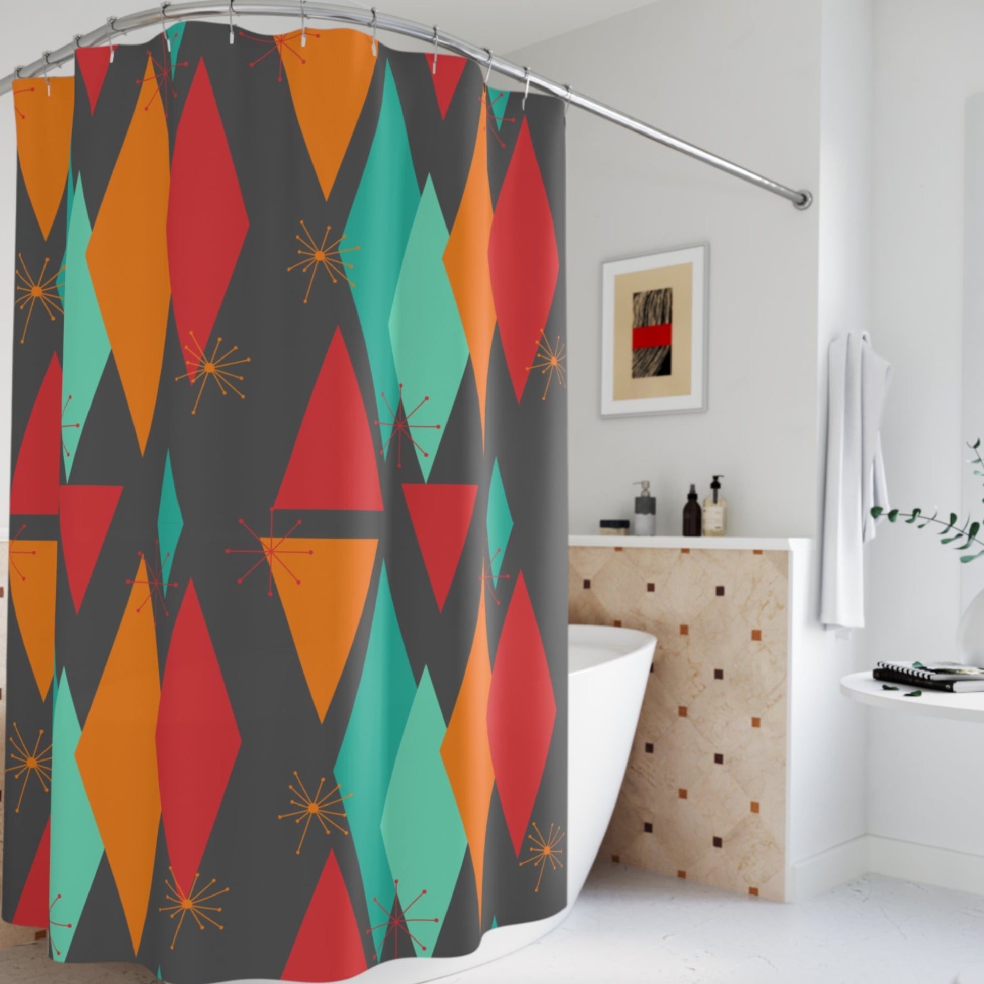 Mid-century modern shower curtain with bold geometric shapes and atomic starbursts.