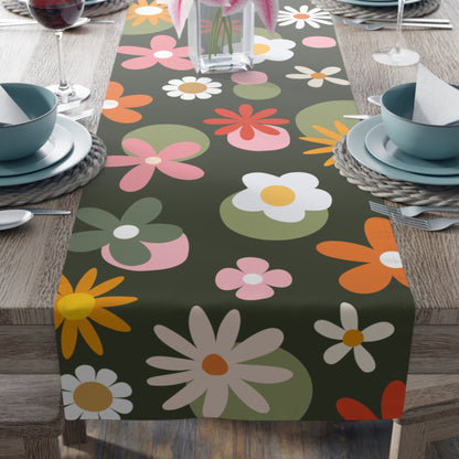 Retro Floral Table Runner| Dark Green with Flowers Table Runner