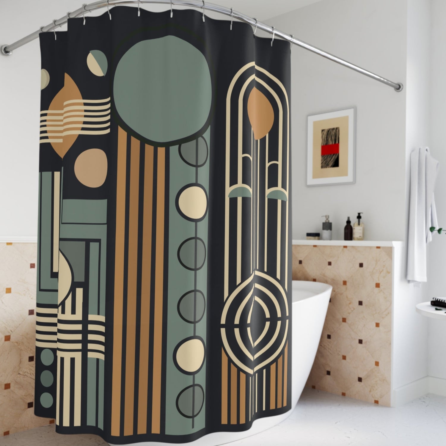 Elegant Art Deco geometric shower curtain featuring gold, green, and black vintage-inspired patterns in a modern bathroom setting.