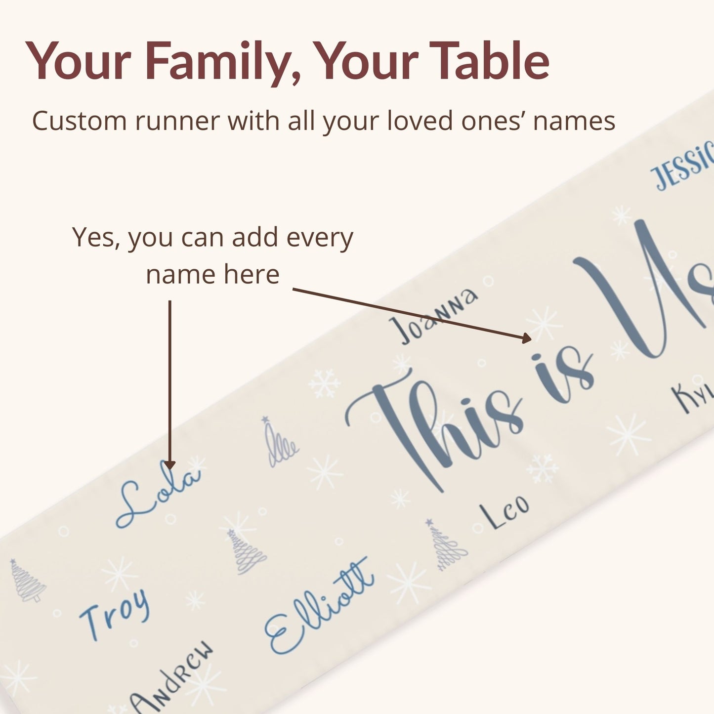 Personalized table runner with names printed on it against a white background