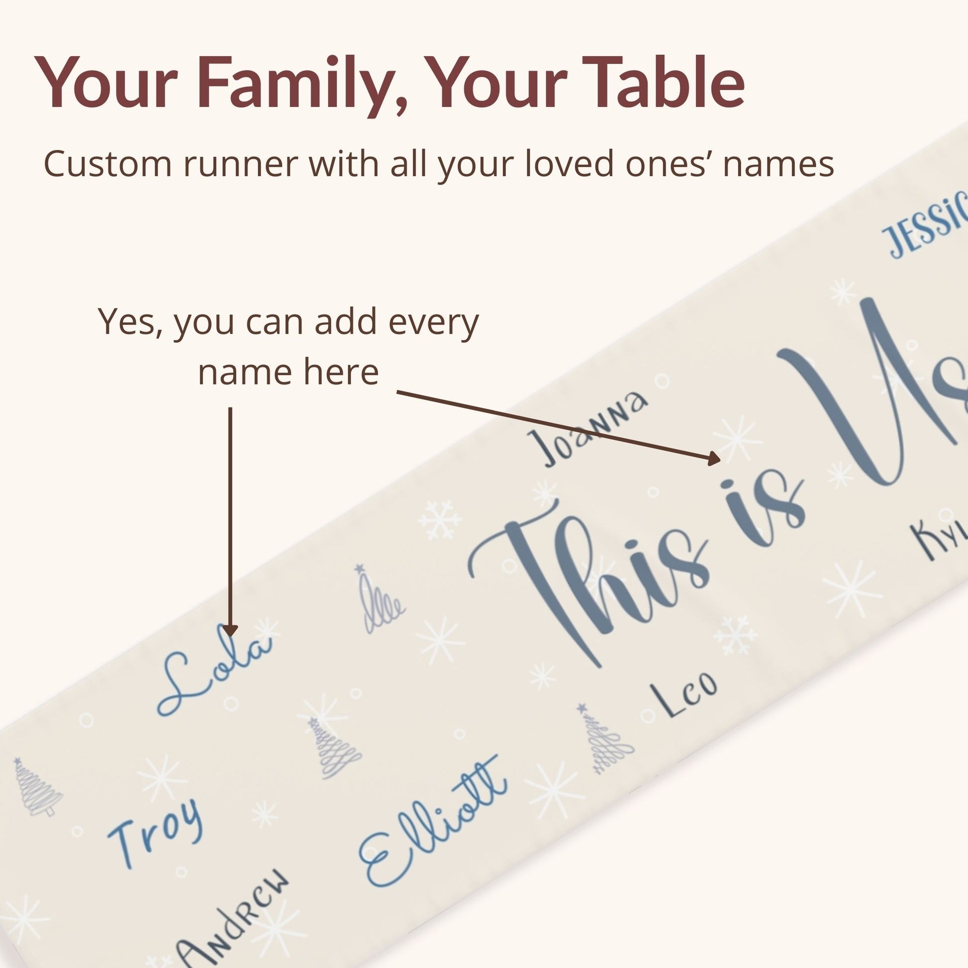 Personalized table runner with names printed on it against a white background