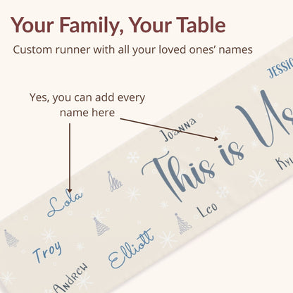 Personalized table runner with names printed on it against a white background