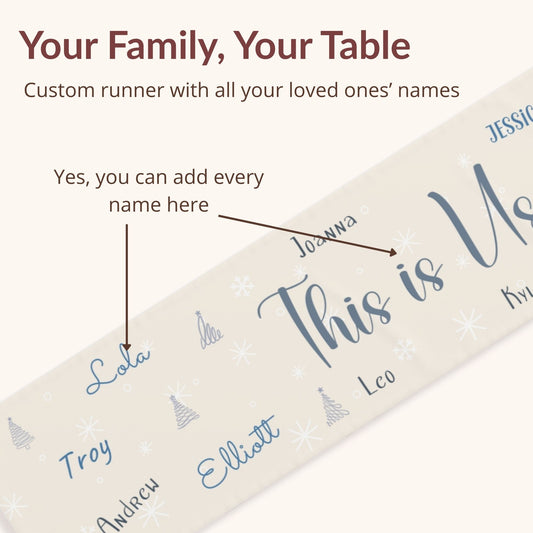 Personalized table runner with names printed on it against a white background
