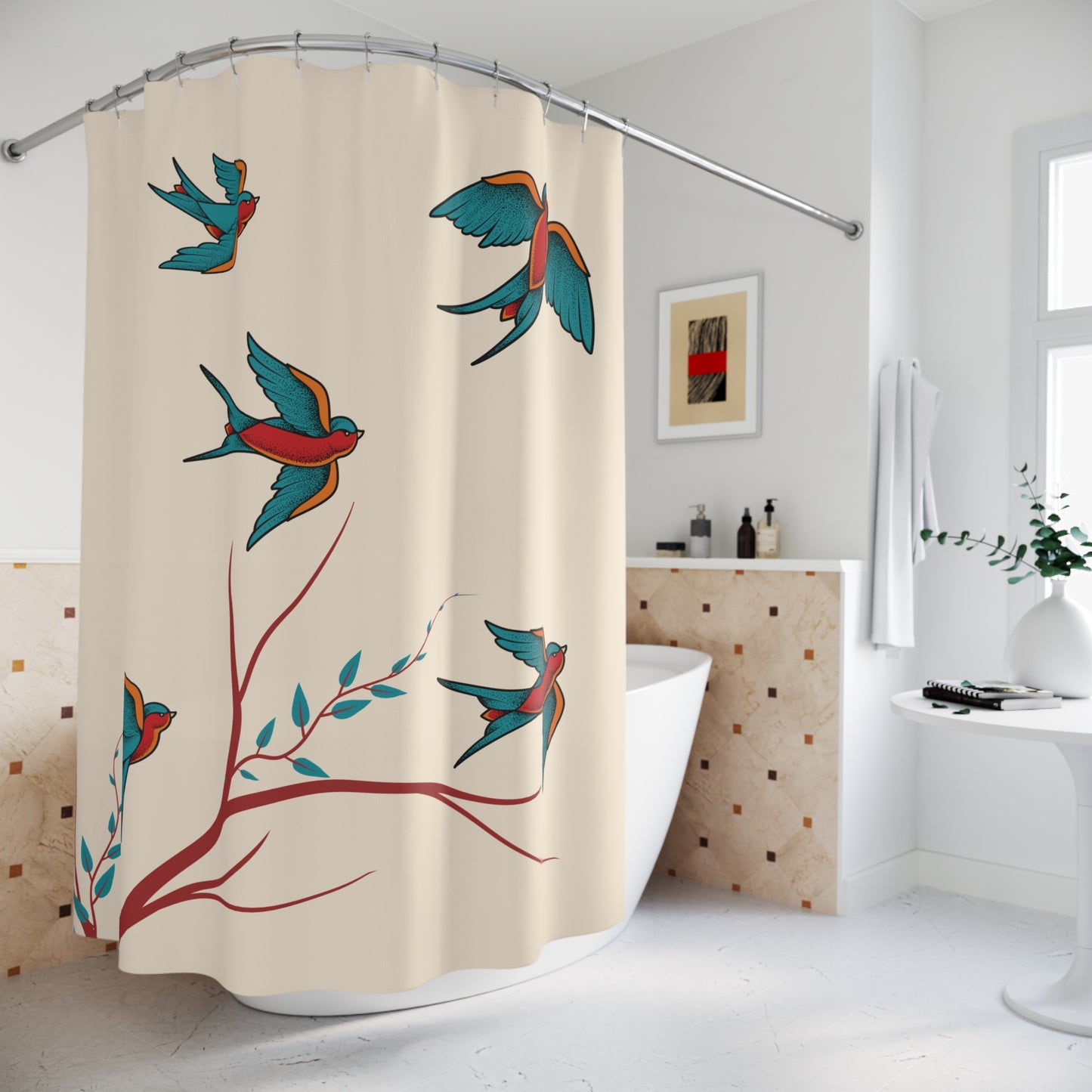 Shower curtain with flying swallows and delicate branches in red and teal on a beige background