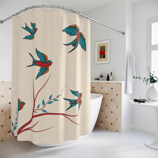 Shower curtain with flying swallows and delicate branches in red and teal on a beige background