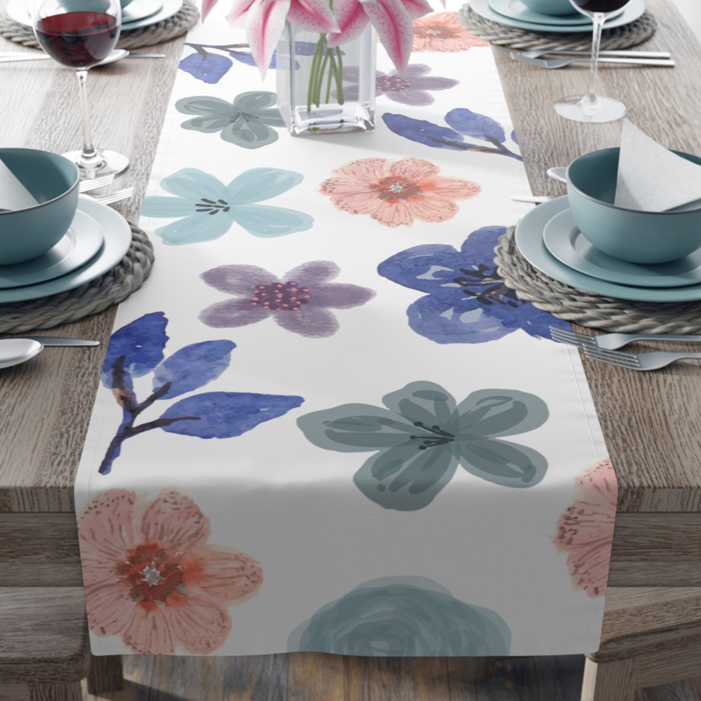 White Table Runner with Large Watercolor Flowers