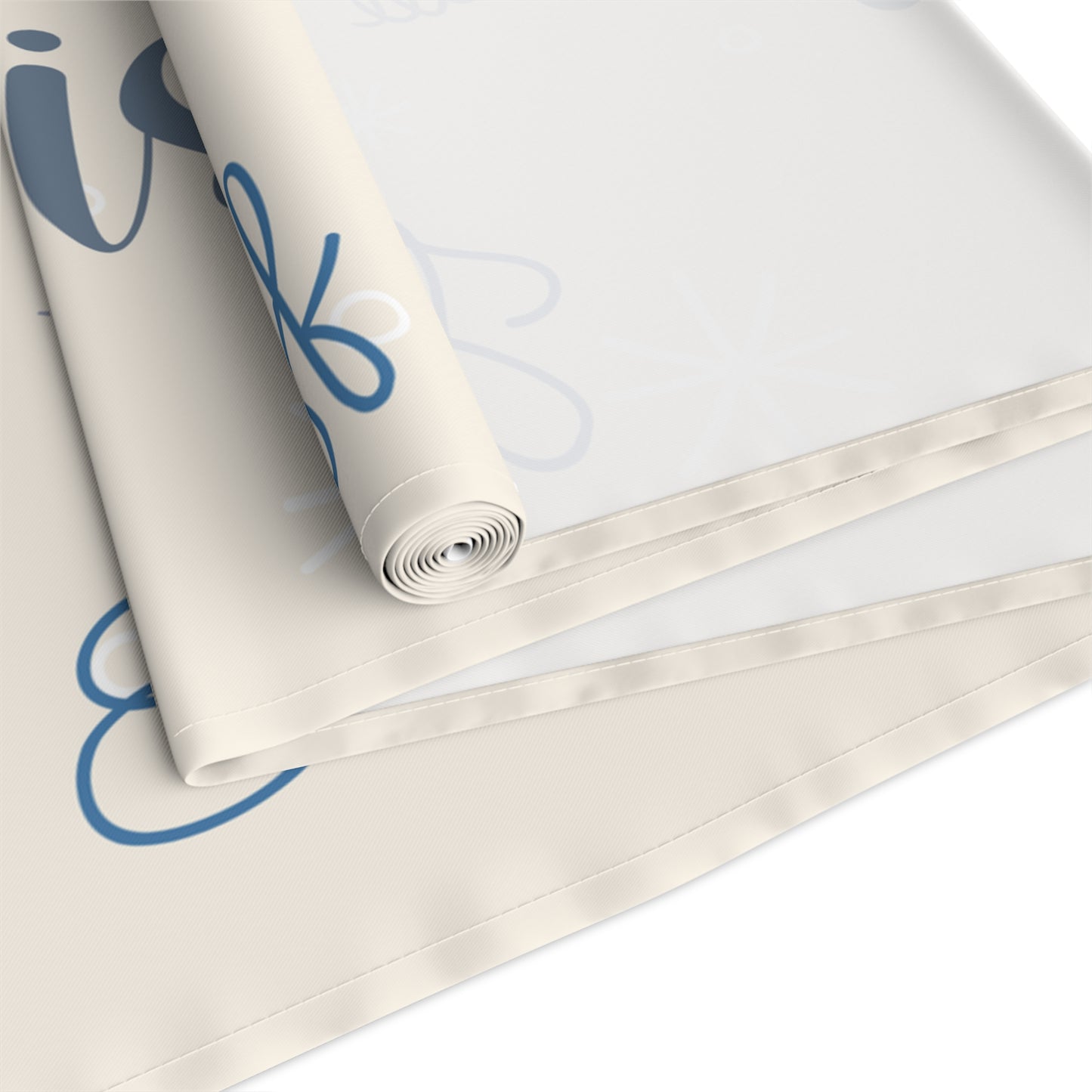 Roll of table runner with blue text on a white backgroun