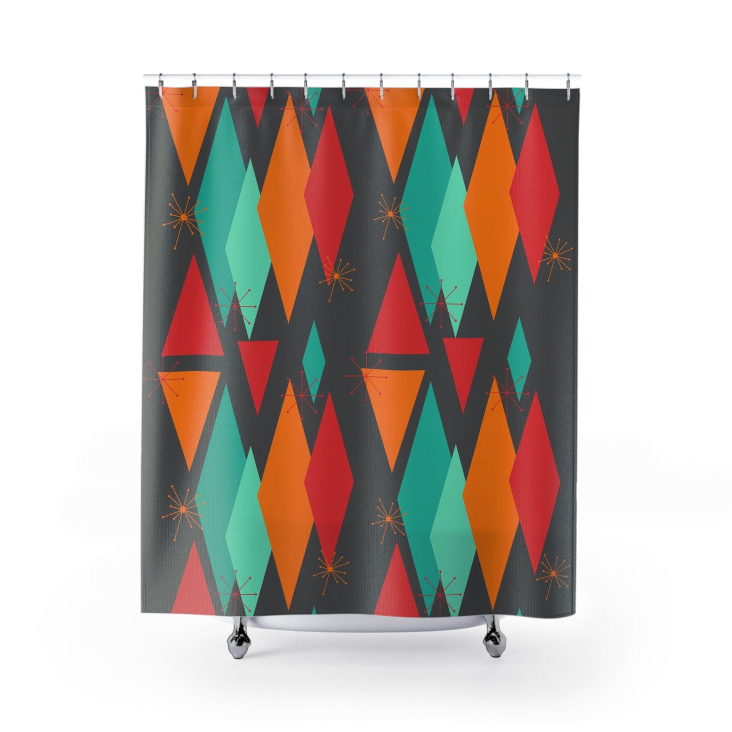 Modern polyester shower curtain with vintage mid-century aesthetic.