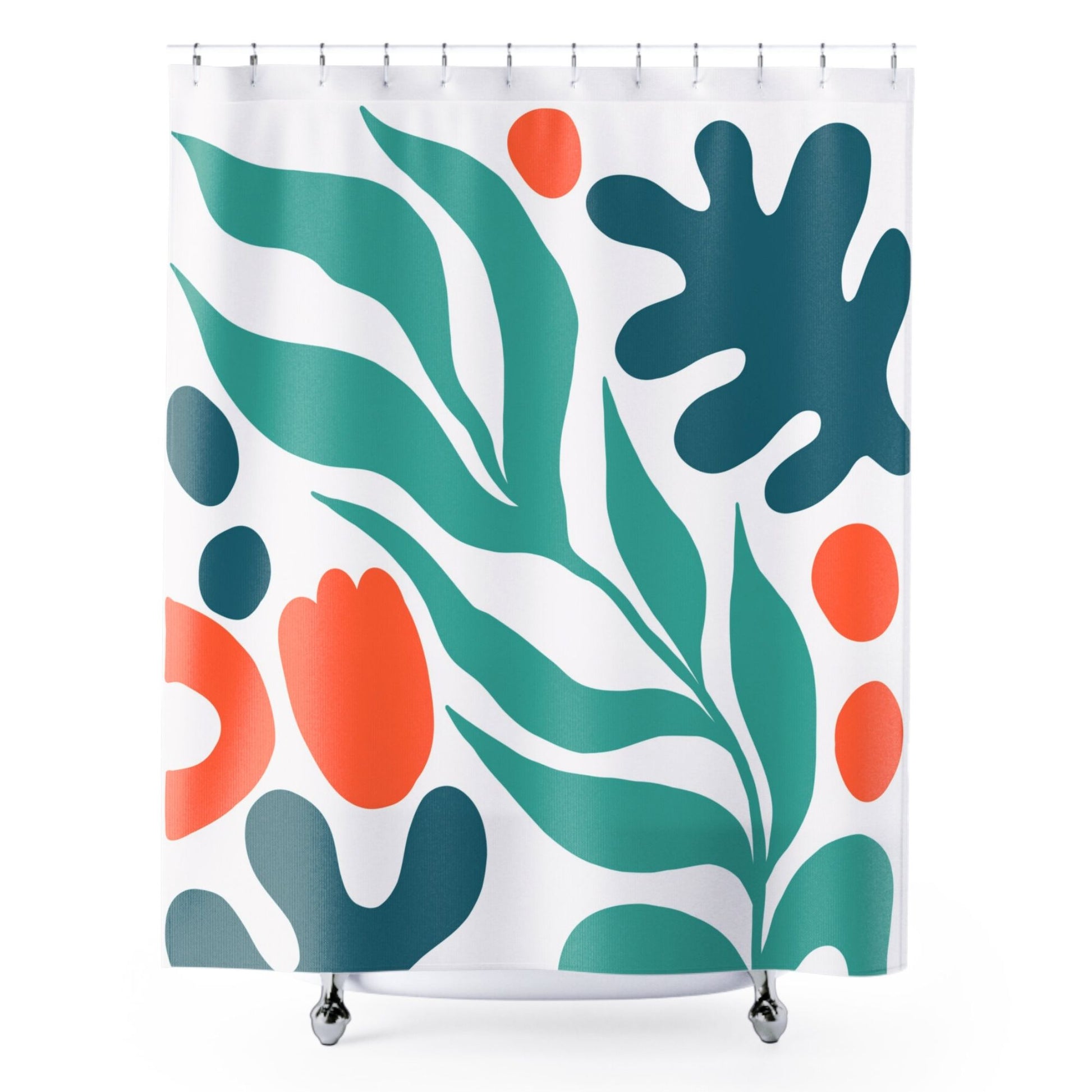 a shower curtain with a vibrant abstract pattern of green leaves, shapes, and orange dots.