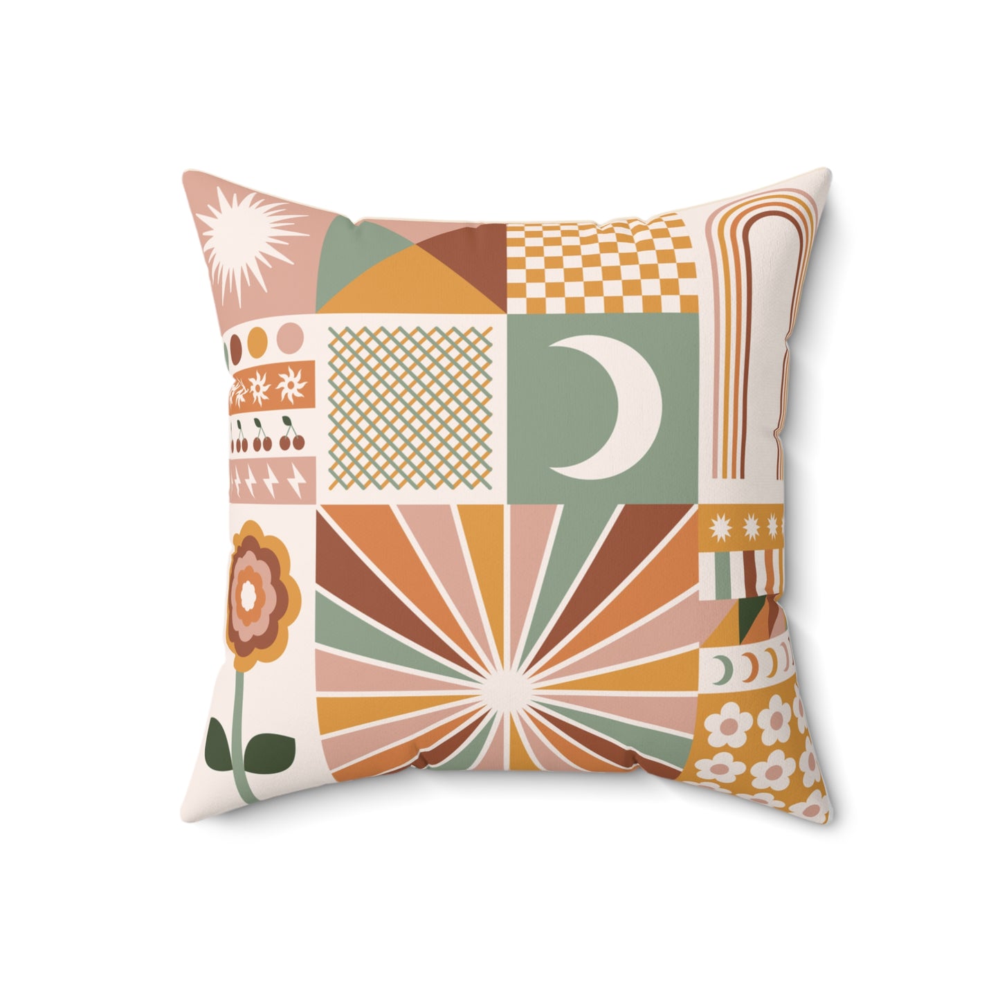 Mid Century Modern Abstract Sun and Floral Throw Pillow | Boho