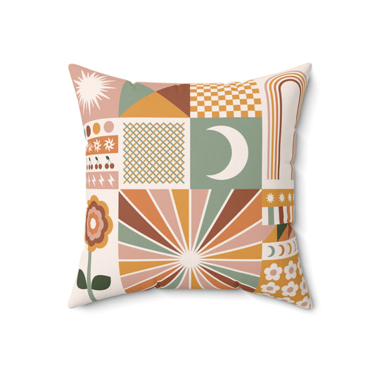 Mid Century Modern Abstract Sun and Floral Throw Pillow | Boho