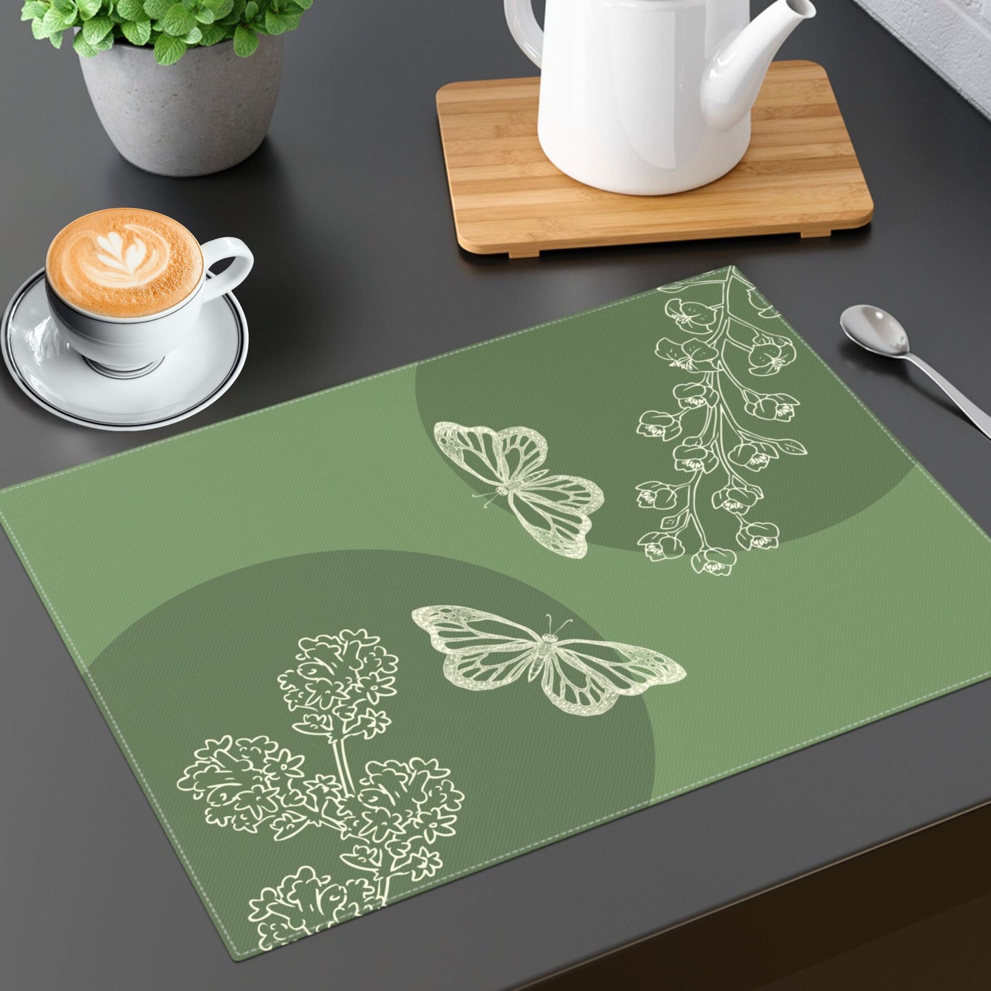 Butterfly and Flower Boho Aesthetic Green Placemat with a delicate butterfly and floral design in soft green tones.