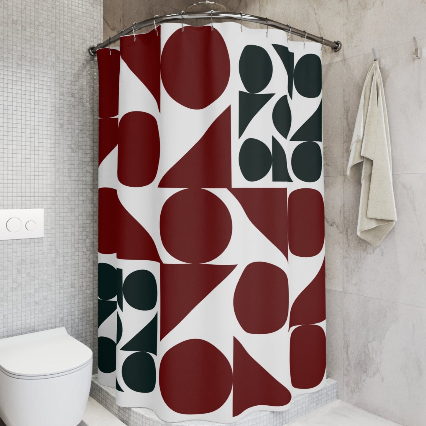 Minimalist bathroom with a visually bold shower curtain displaying a modern geometric pattern.