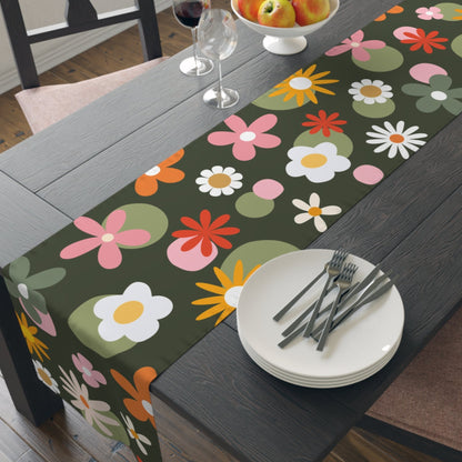 Retro Floral Table Runner| Dark Green with Flowers Table Runner