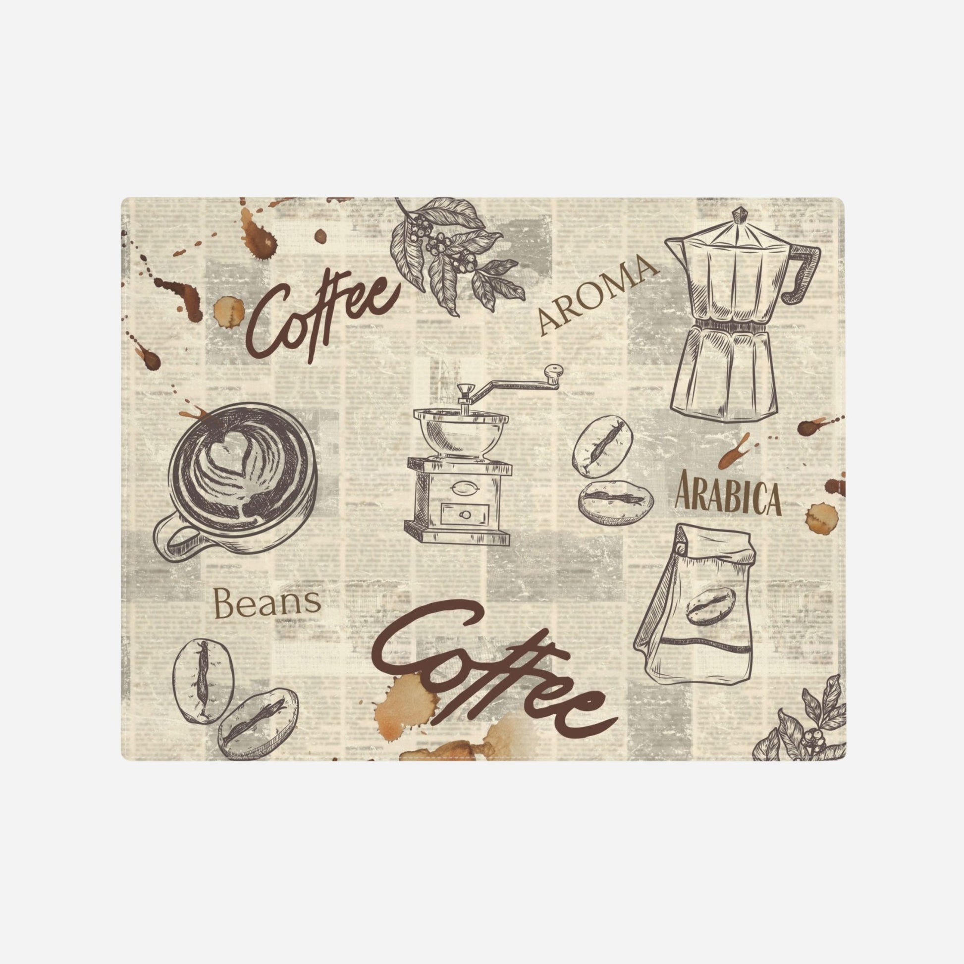  a retro coffee-themed placemat displaying various coffee-related illustrations and words