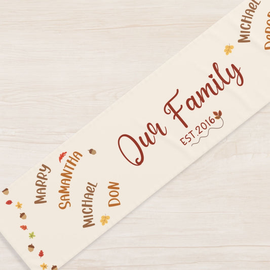 Personalized family name runner with autumn-themed design on a wooden surface
