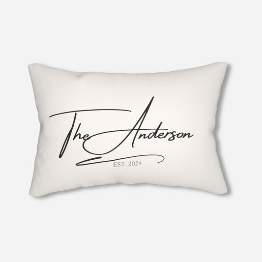 Custom pillow featuring the name "The Anderson" in stylish cursive and the establishment year "2024" on a white background.