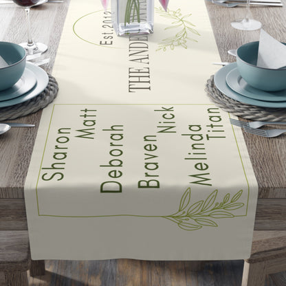 Custom Family Table Runner | Personalized Name Elegant Olive Table runner