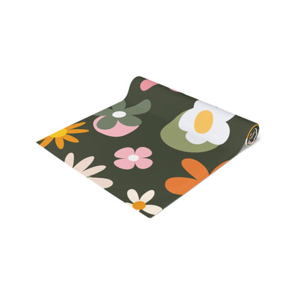 Retro Floral Table Runner| Dark Green with Flowers Table Runner