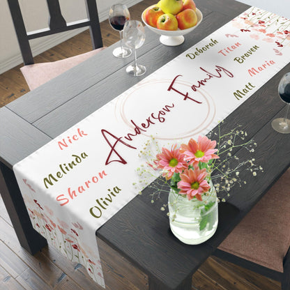 Elegant spring table runner with custom names and floral details