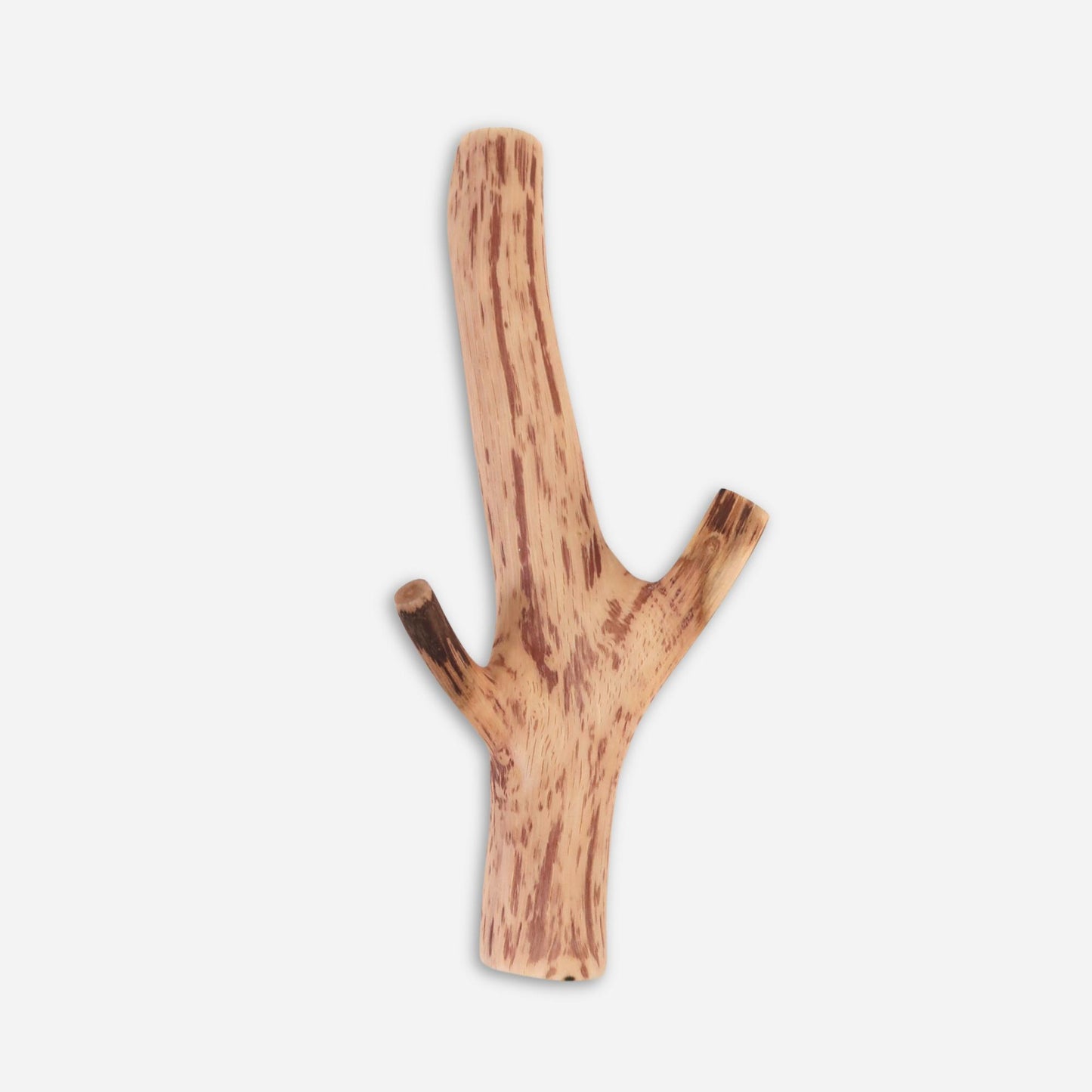 Decorative wall hook made from a tree branch, finished in a light brown hue.