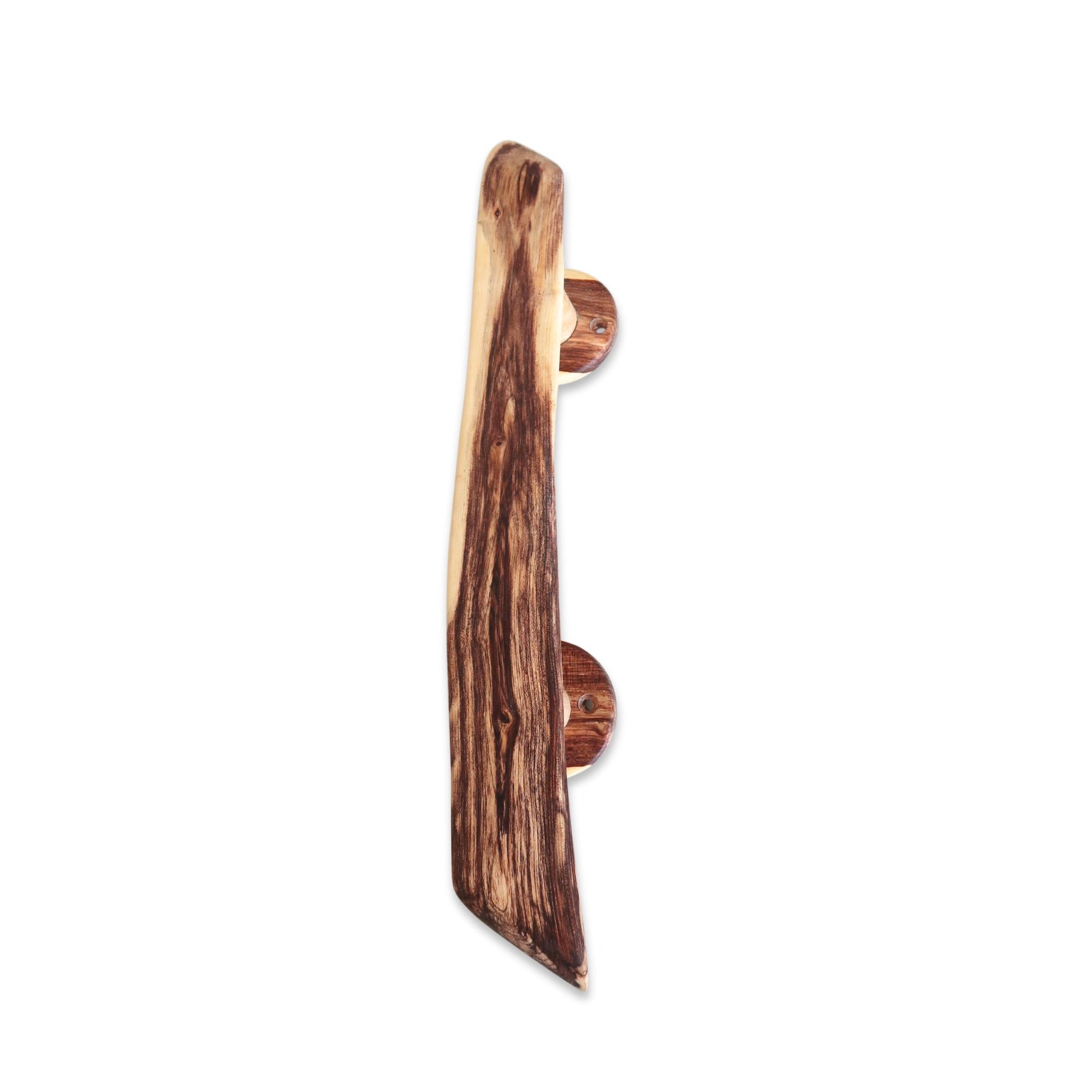 Rustic handmade door handle in warm acacia tones