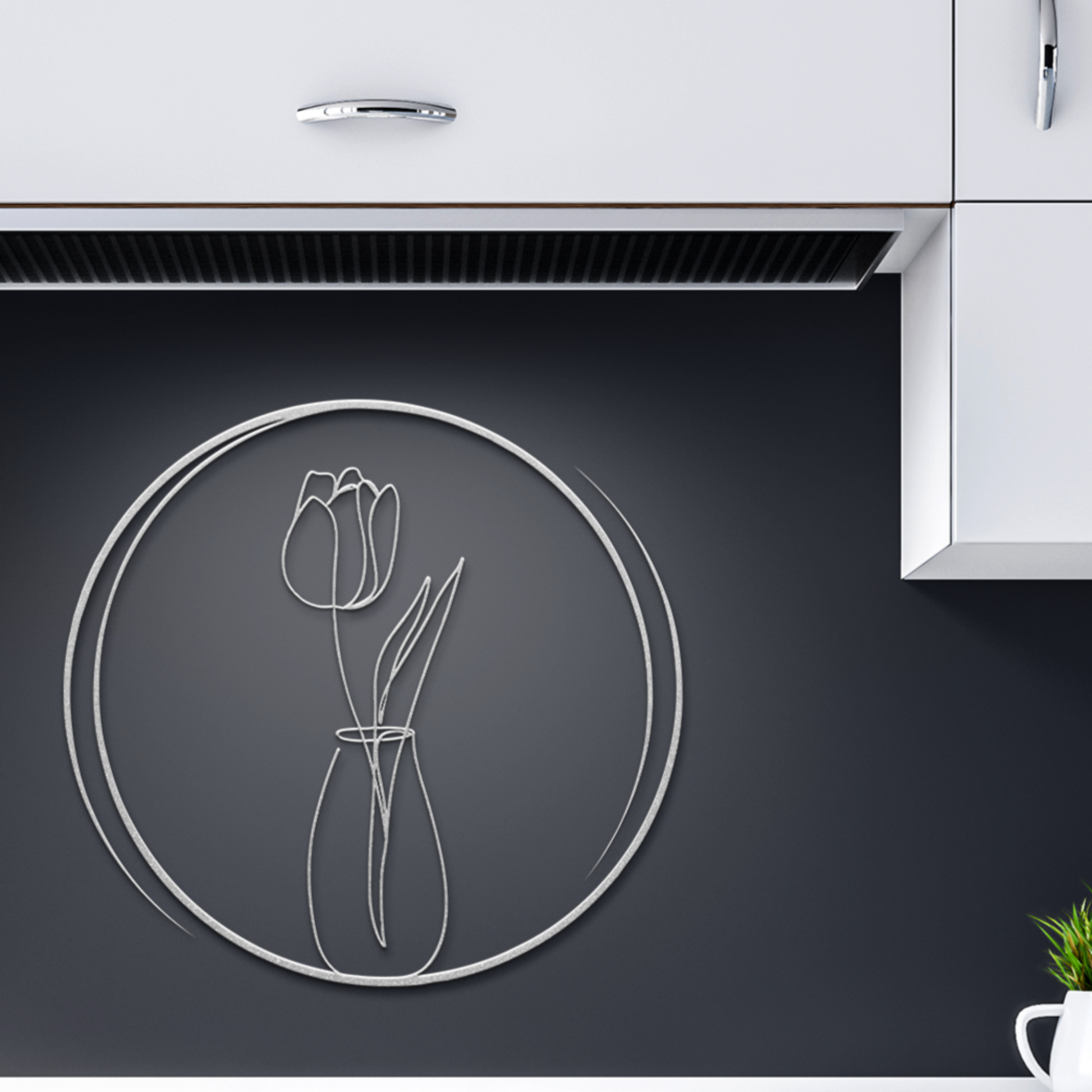 Silver_tulip wall art Dark_Kitchen