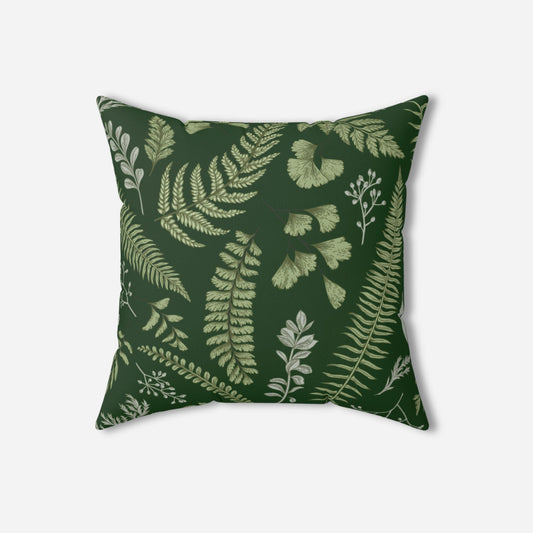 Green Throw Pillow with Fern Leaves