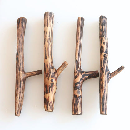 Four wooden hooks with brown oak branch on a white background