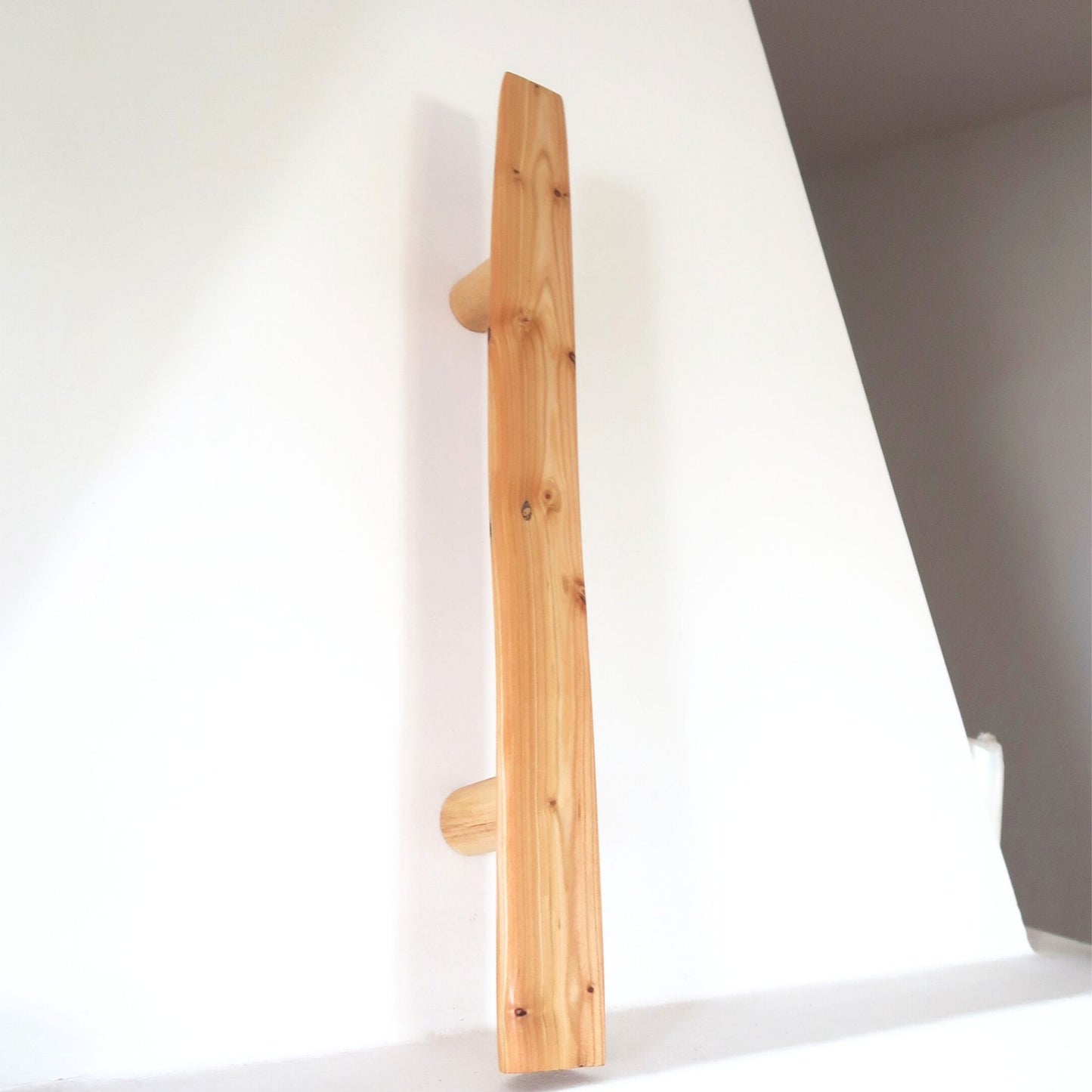larch wood door handle made from natural branch, rustic handmade wooden pull for sauna or cabin doors