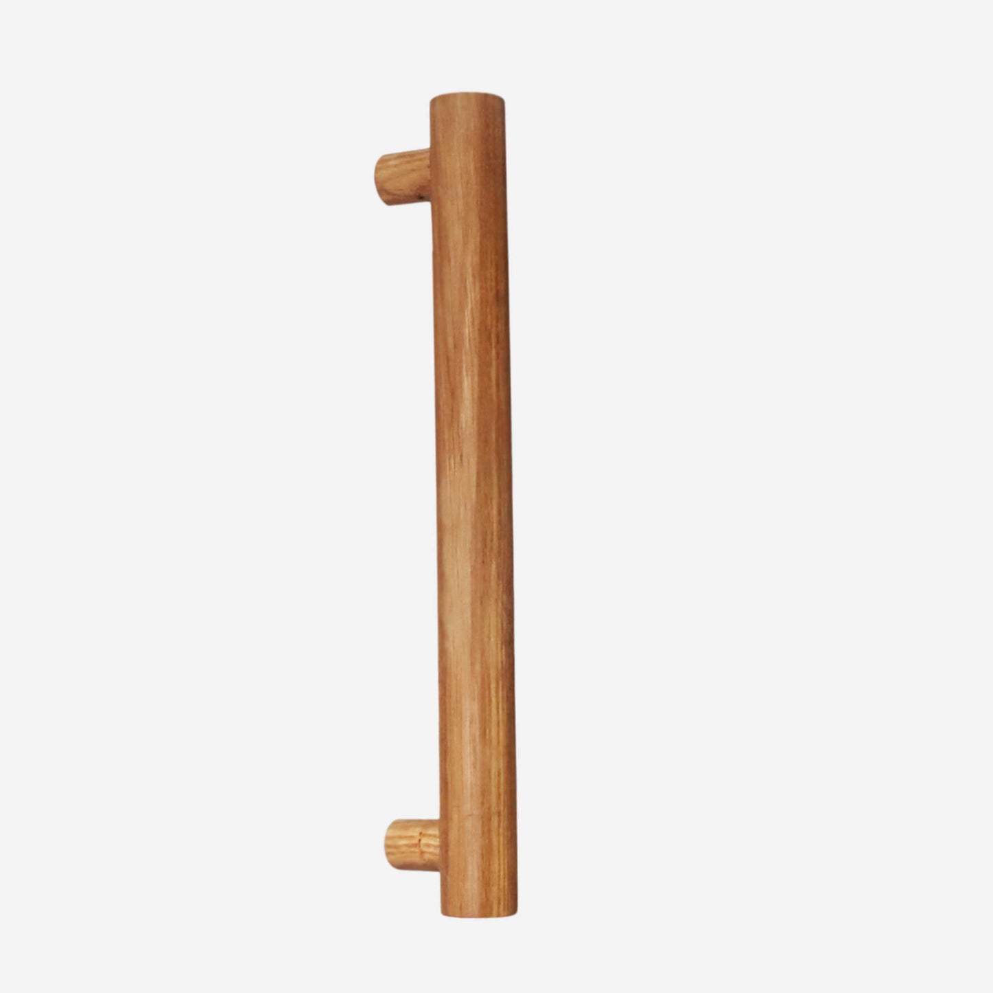 A cylindrical wooden handle with two smaller cylindrical stubs for mounting, displayed against a white background.
