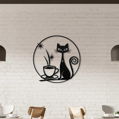 Decorative wall art of a black cat and coffee cup on a white brick wall.