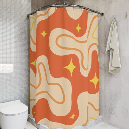 Funky mid-century modern shower curtain with bold swirls and starburst details in warm retro colors