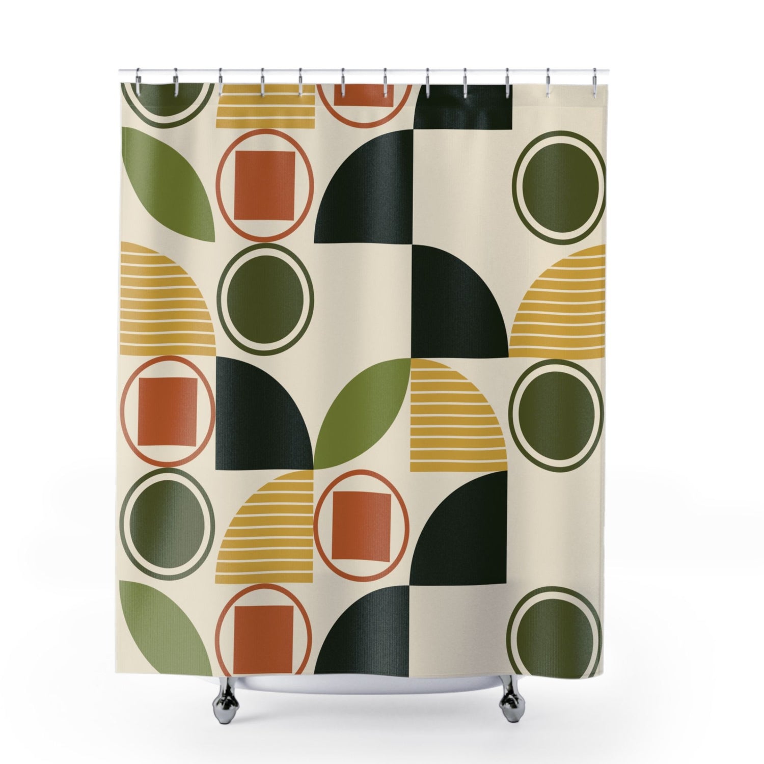 Geometric-patterned shower curtain with green, orange, and yellow shapes, including circles, half-circles, and squares.