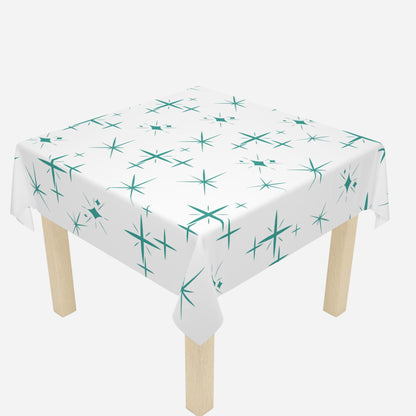 Mid Century Teal Starburst White Tablecloth