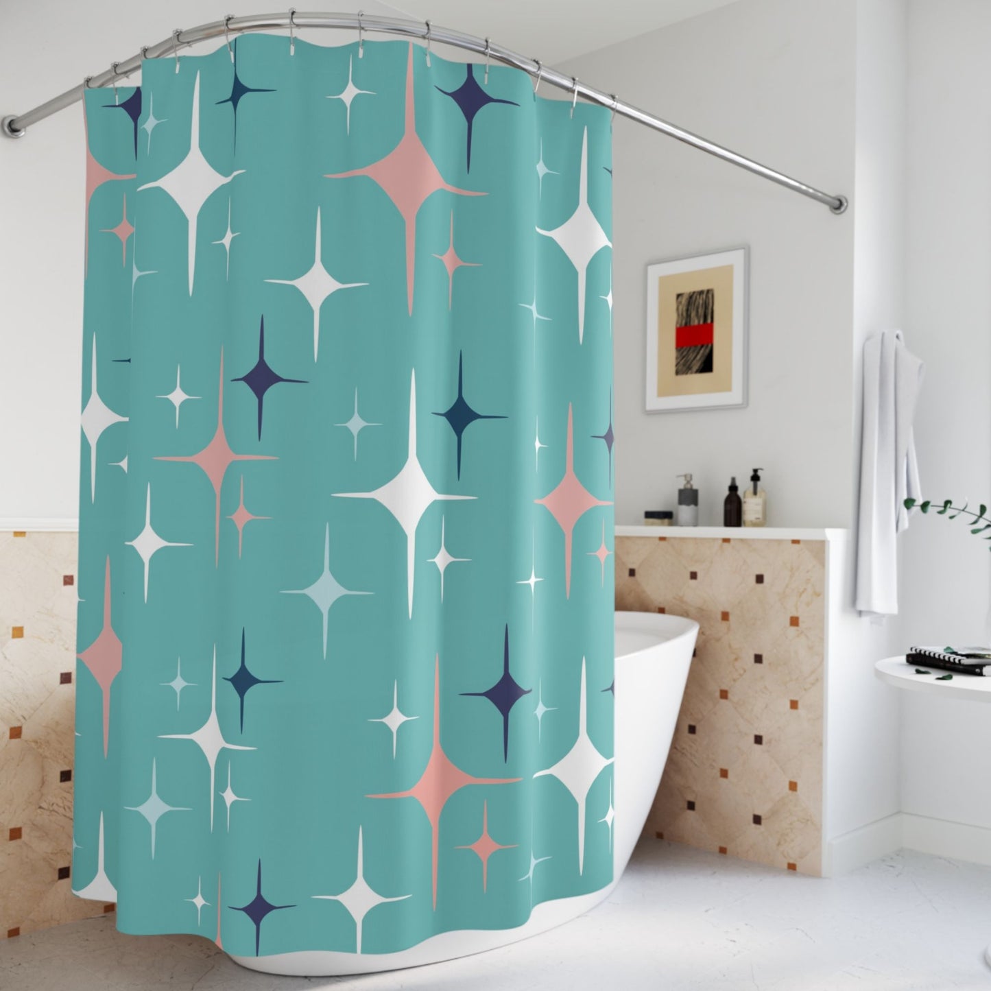 Mid-Century Modern Starburst Teal Shower Curtain