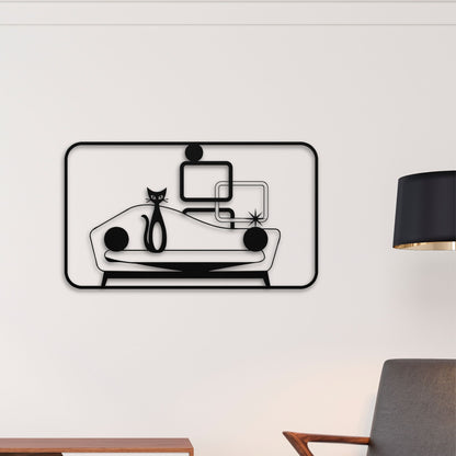 black cat metal sign, geometric MCM and retro sofa