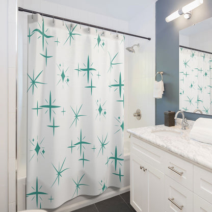 elagante mid century modern white bath curtain with teal starburst