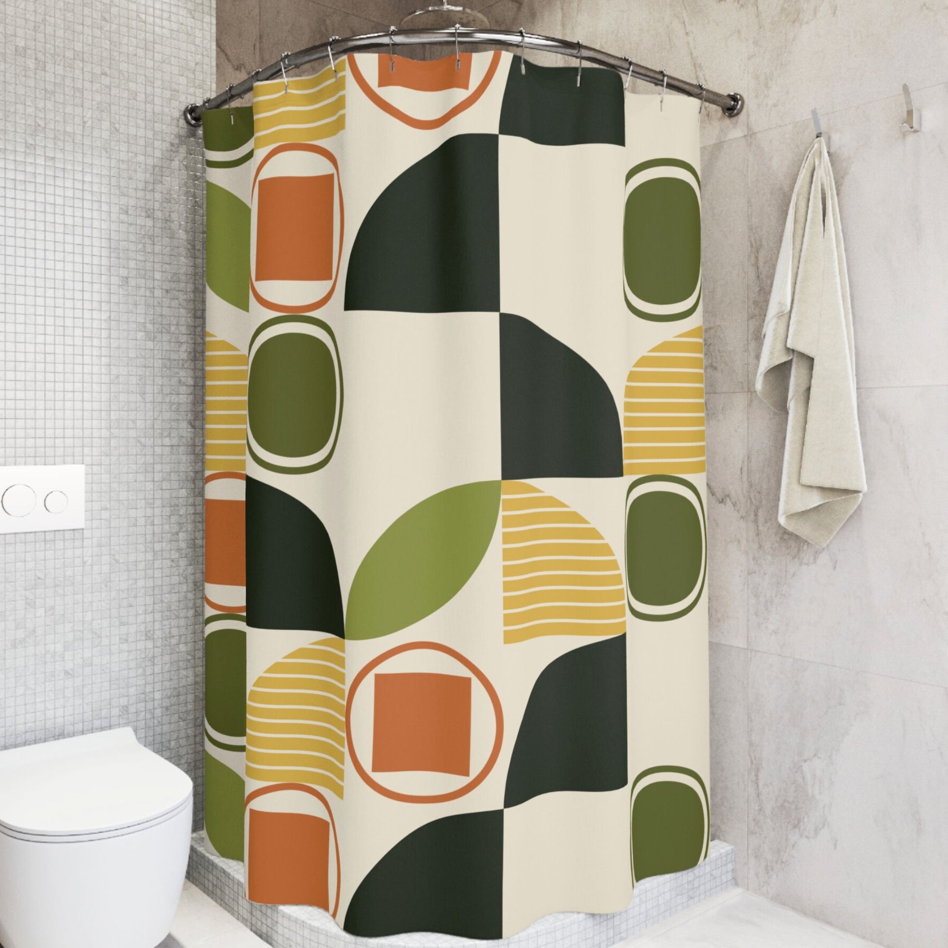 Shower curtain featuring a retro design with green, orange, and yellow geometric shapes on a cream background.