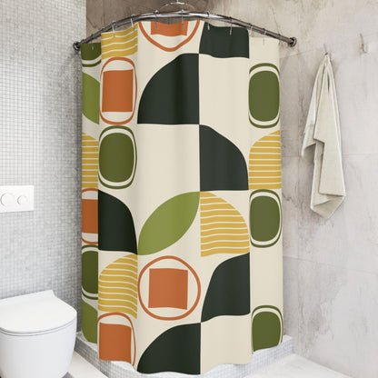 Shower curtain featuring a retro design with green, orange, and yellow geometric shapes on a cream background.