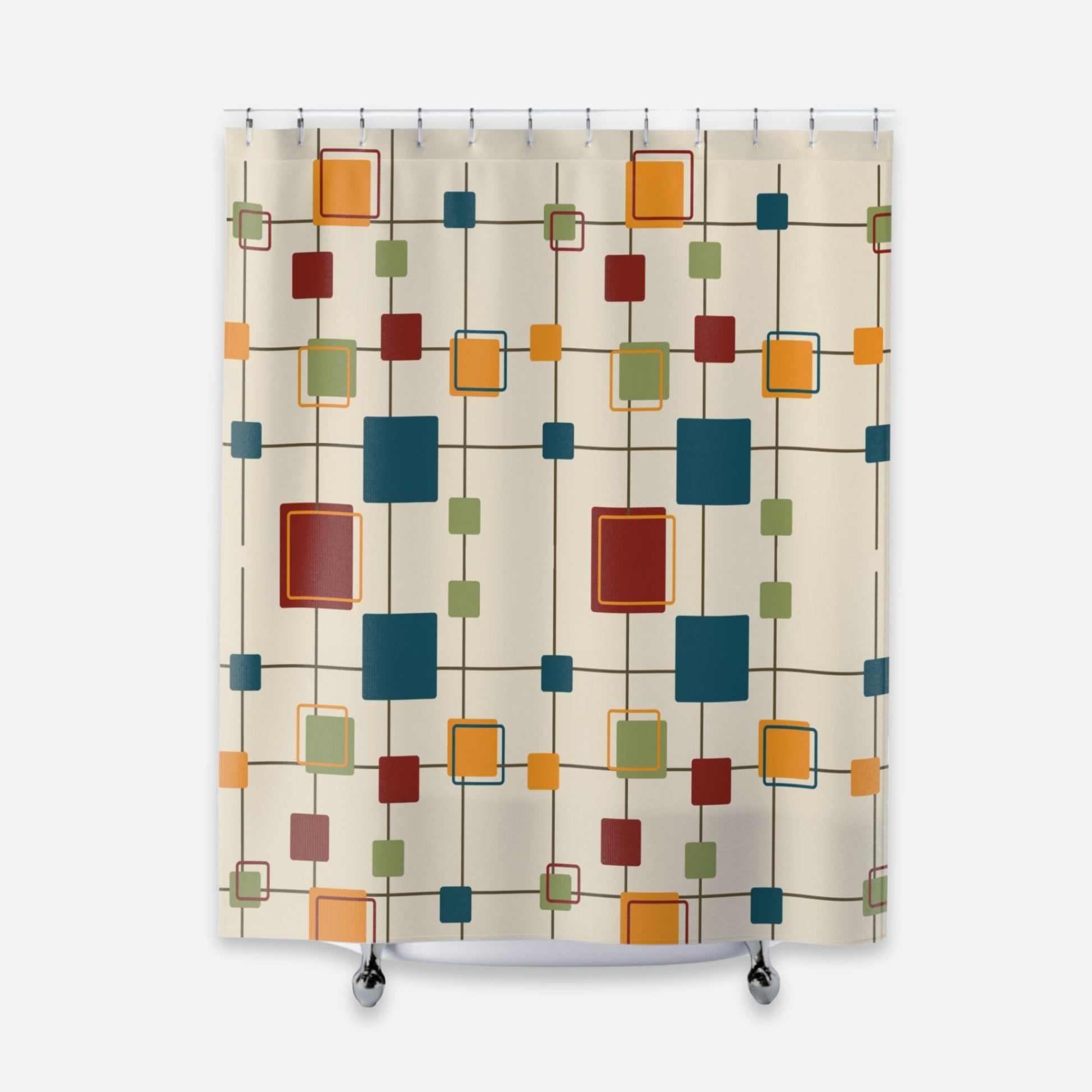 Shower curtain with a colorful geometric pattern featuring squares in red, orange and green on a cream background.