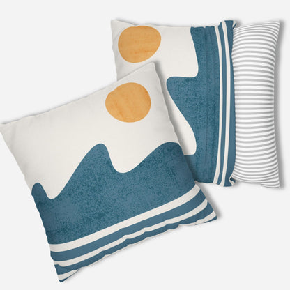 A square decorative pillowcase with a minimalist design featuring a blue wave pattern and a yellow sun.