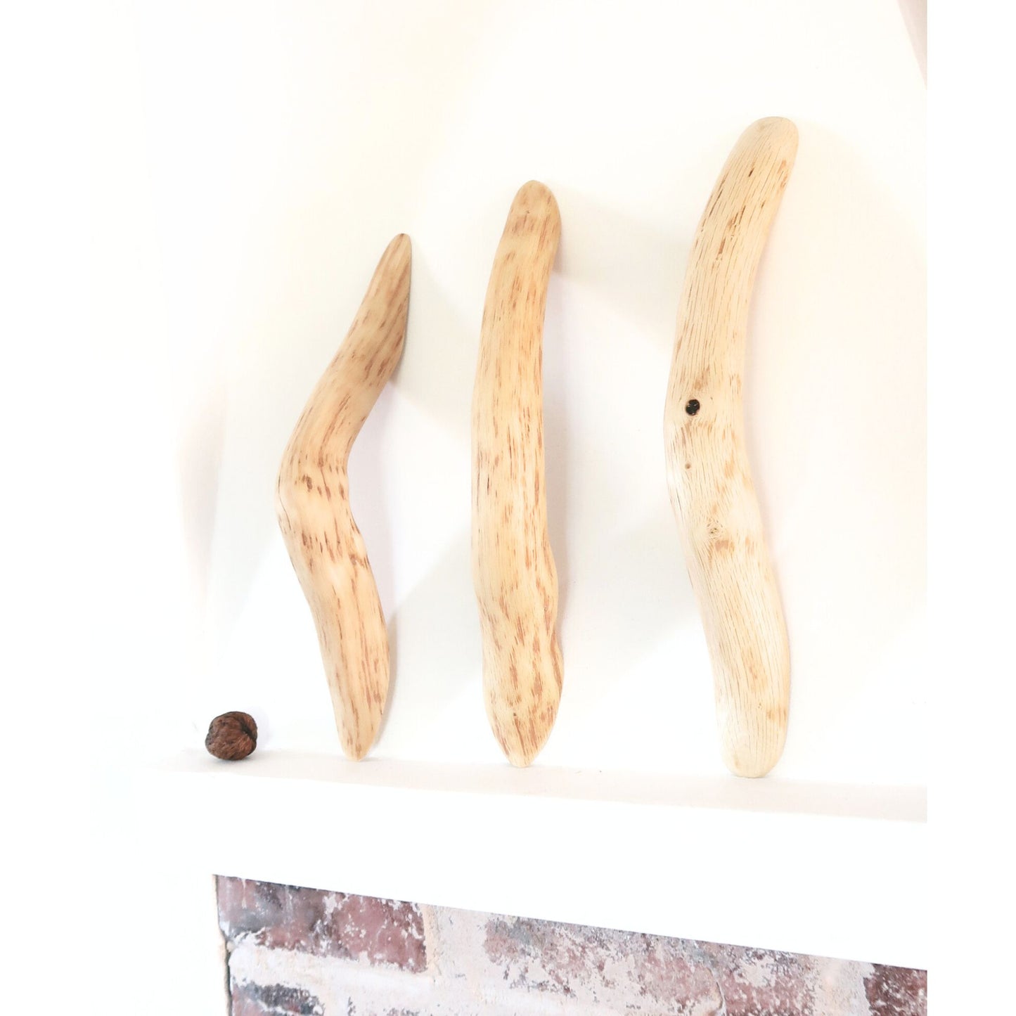 Three handcrafted thick oak branch door pulls with organic natural curves