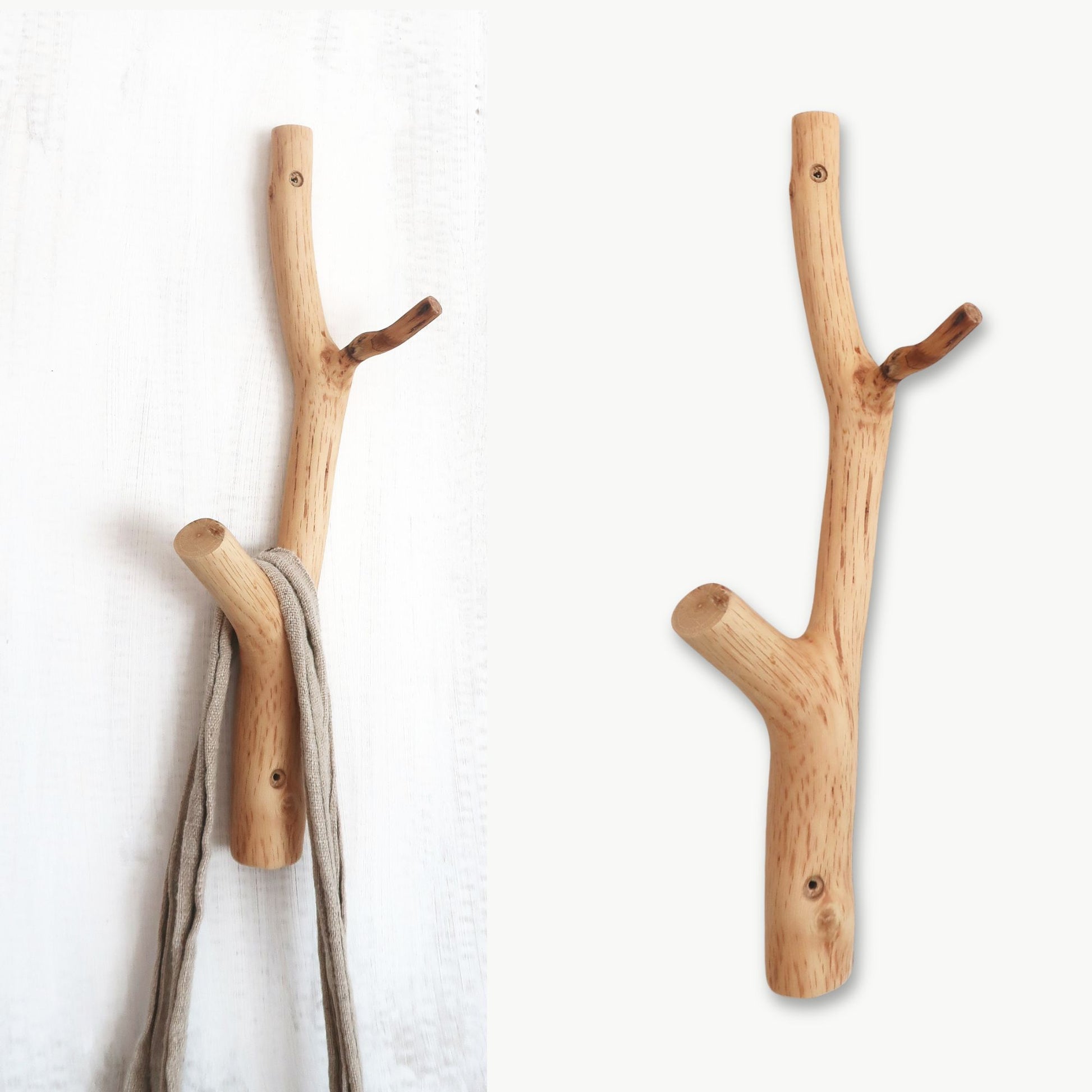 Wooden oak branch wall hooks on a white background
