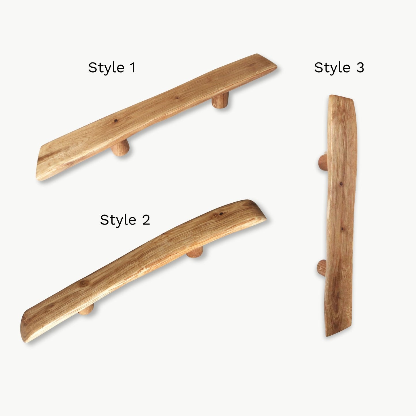 Three different styles of oak hanches handles on a white background