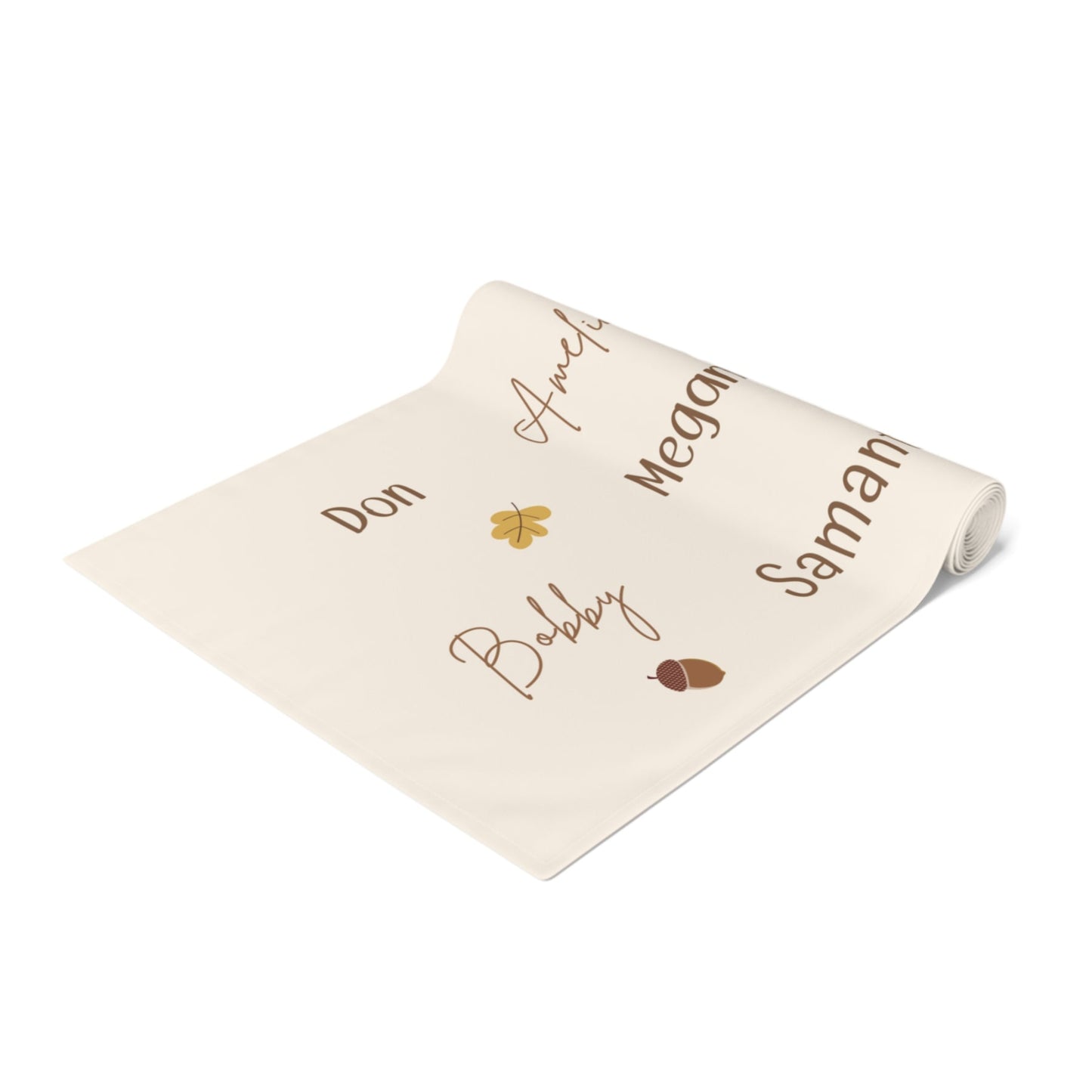 Roll of runner with names printed on it against a white background