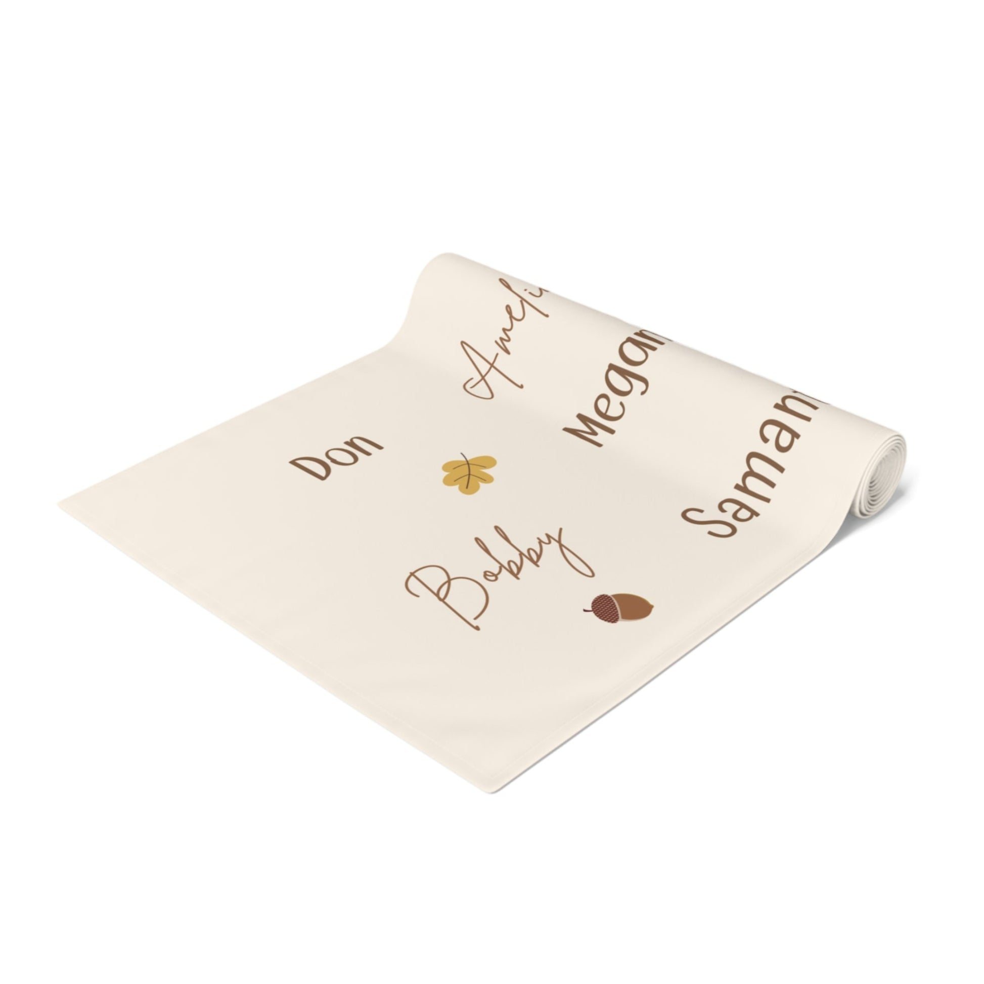 Roll of runner with names printed on it against a white background