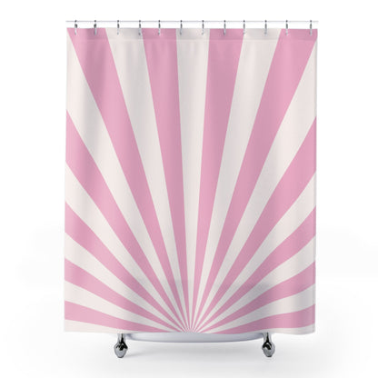 Pink Sunburst Shower Curtain with a bold sunburst design in vibrant pink, perfect for adding retro flair to your bathroom.