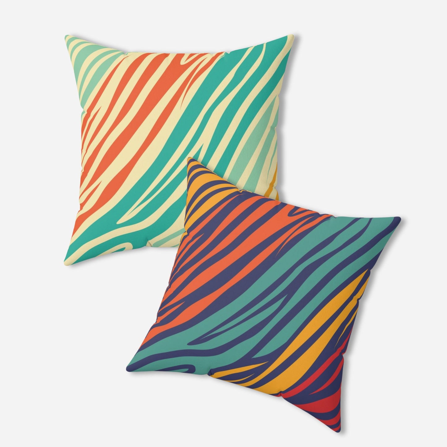 Square throw pillow with a vibrant, wavy stripe pattern in shades of red, orange, green, and yellow on a dark blue background.